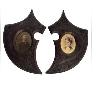 2 antique frames Victorian Photos Norway Shield carved Wood SET vintage portrait